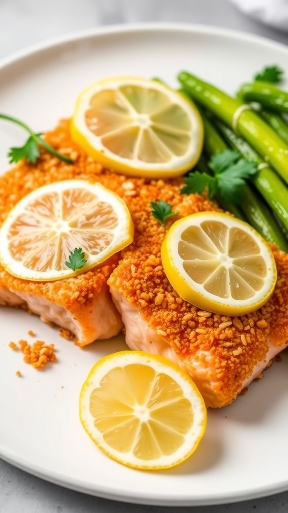 Crispy Air Fryer Panko Salmon Recipe Crispy air fryer panko salmon fillet with lemon wedges and parsley on a white plate.